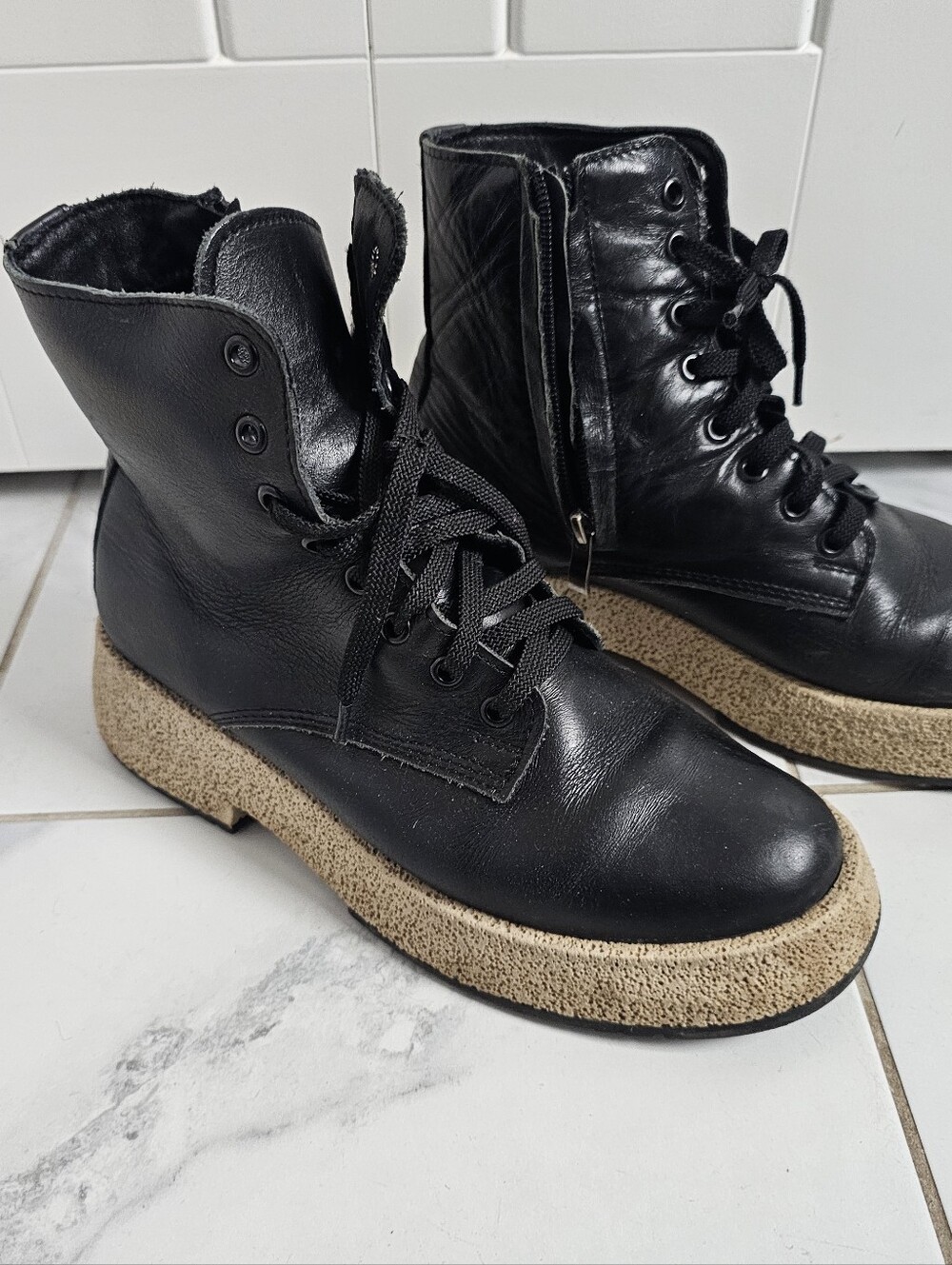 Black Leather Lace-Up Boots with Tan Crepe Sole